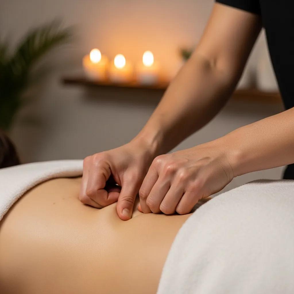 Therapist applying deep pressure for pain relief during a massage session