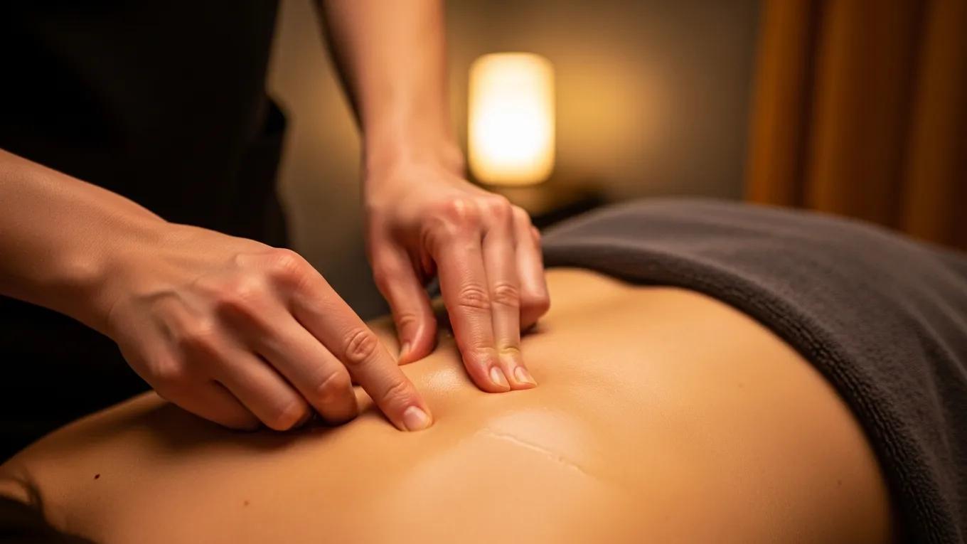 Therapist's hands performing a massage on a client's back, highlighting the therapeutic benefits of massage